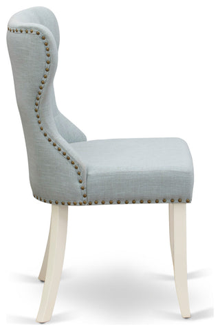 Set Of 2, Parson Dining Chairs, Linen White Solid Wood Structure, Baby Blue Seat