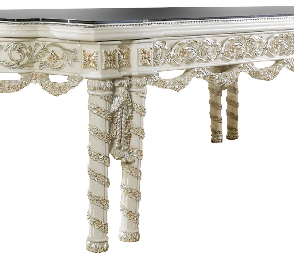 Benzara BM266457 Dining Table With Gold Trim Accent, Antique White