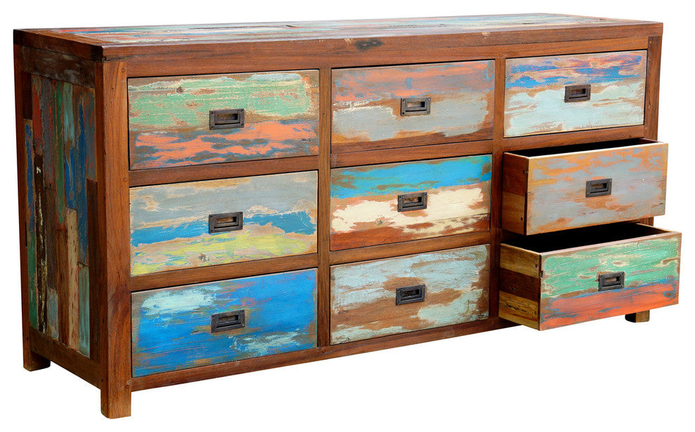 Dresser / Chest With 9 Drawers Made From Recycled Teak Wood Boats