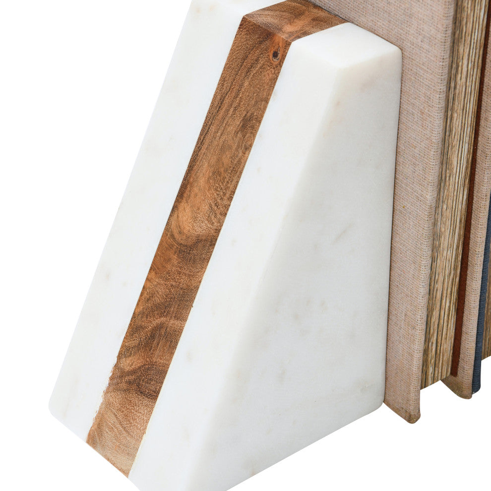 Marble Geometric Bookends with Wood Inlay, White