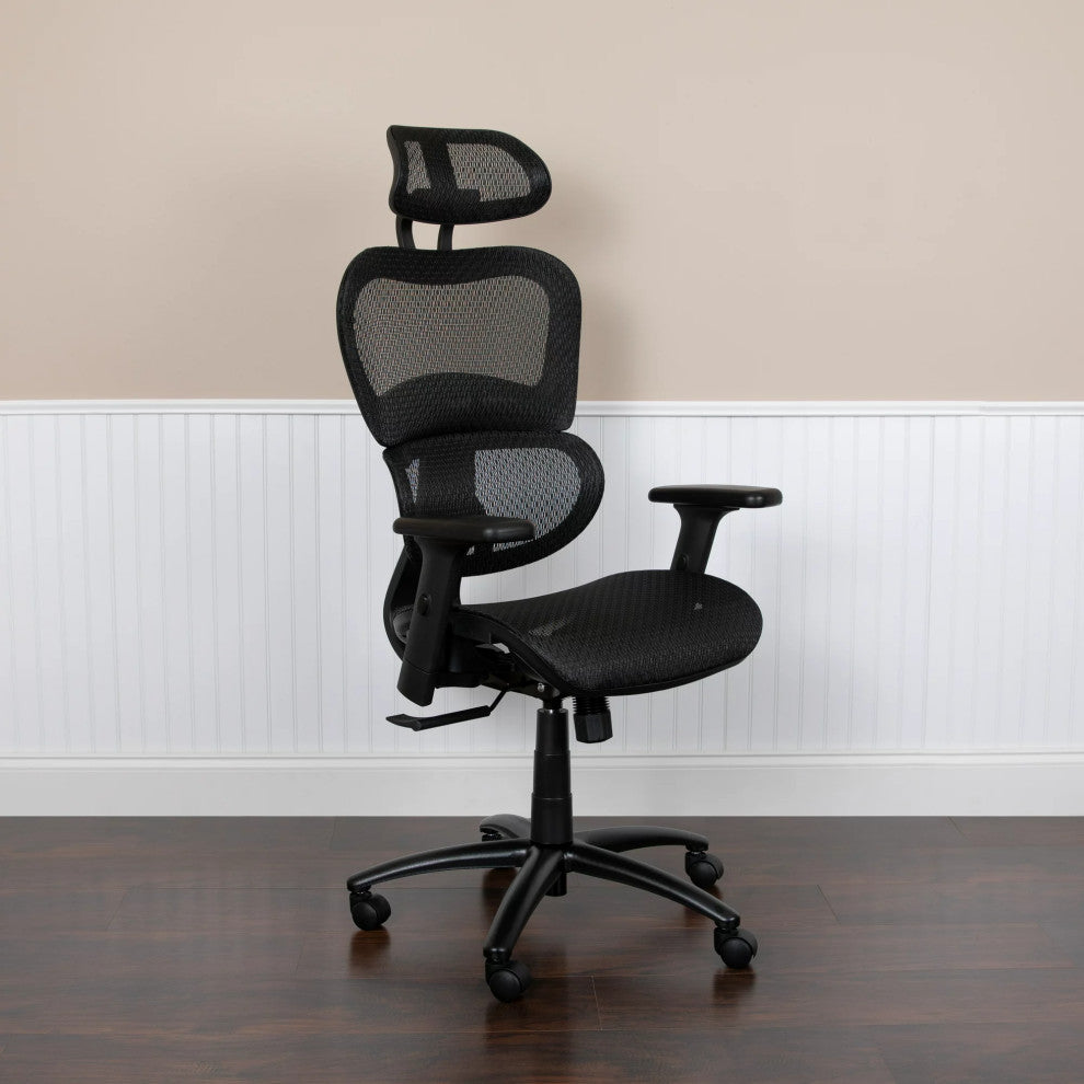Contemporary Office Chair, Mesh Seat & Back With Adjustable Headrest, Black