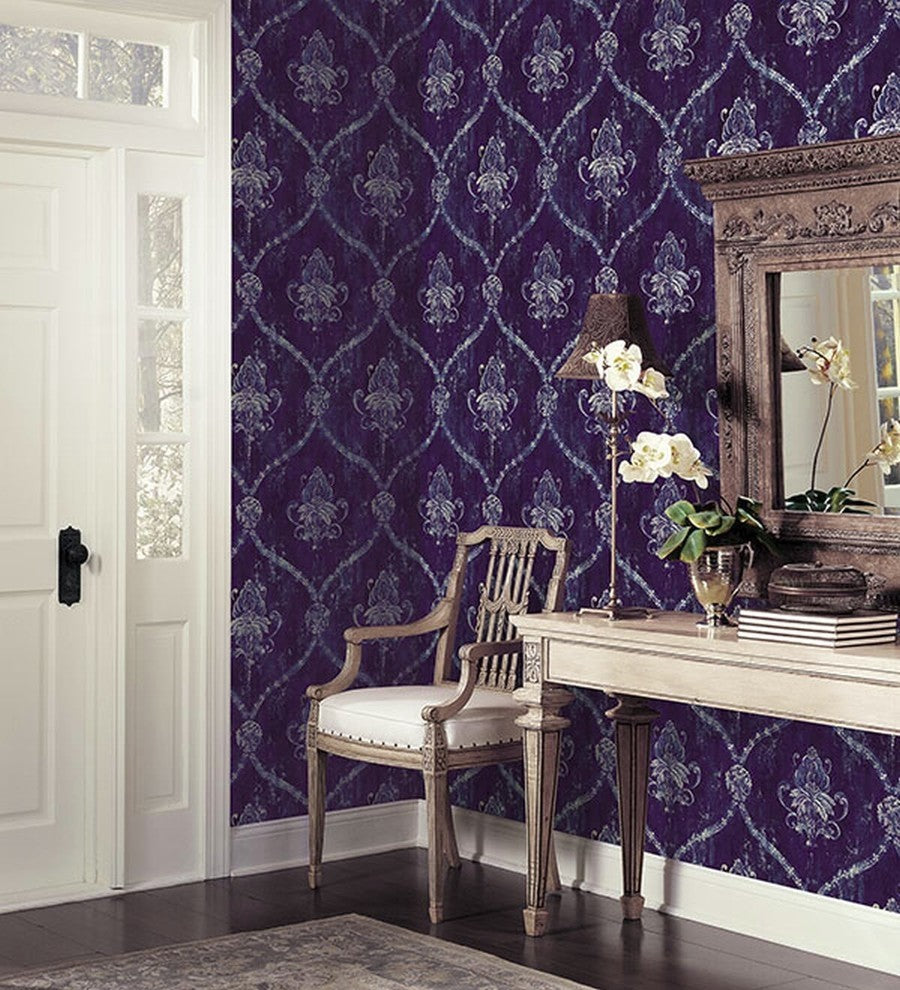 Classic Silks 2, Damask Stripes Silk Emboss Blue, White Wallpaper Roll