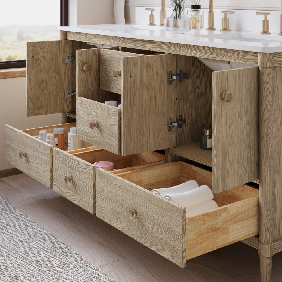 Solid Wood Bathroom Vanity with Carrara White Quartz Top in Oak, 60 Inch