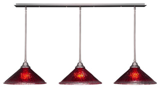 3 Light Mini Pendant In Brushed Nickel, 16" Raspberry Crystal Glass