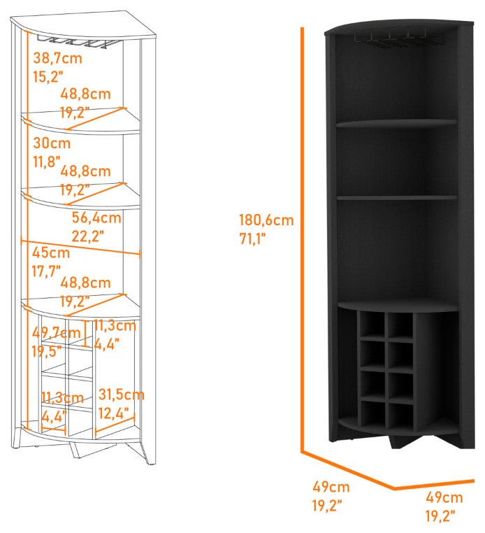 Bouvet Corner Bar Cabinet with 3 Shelves, 8 Wine Cubbies and Cup Rack, Black
