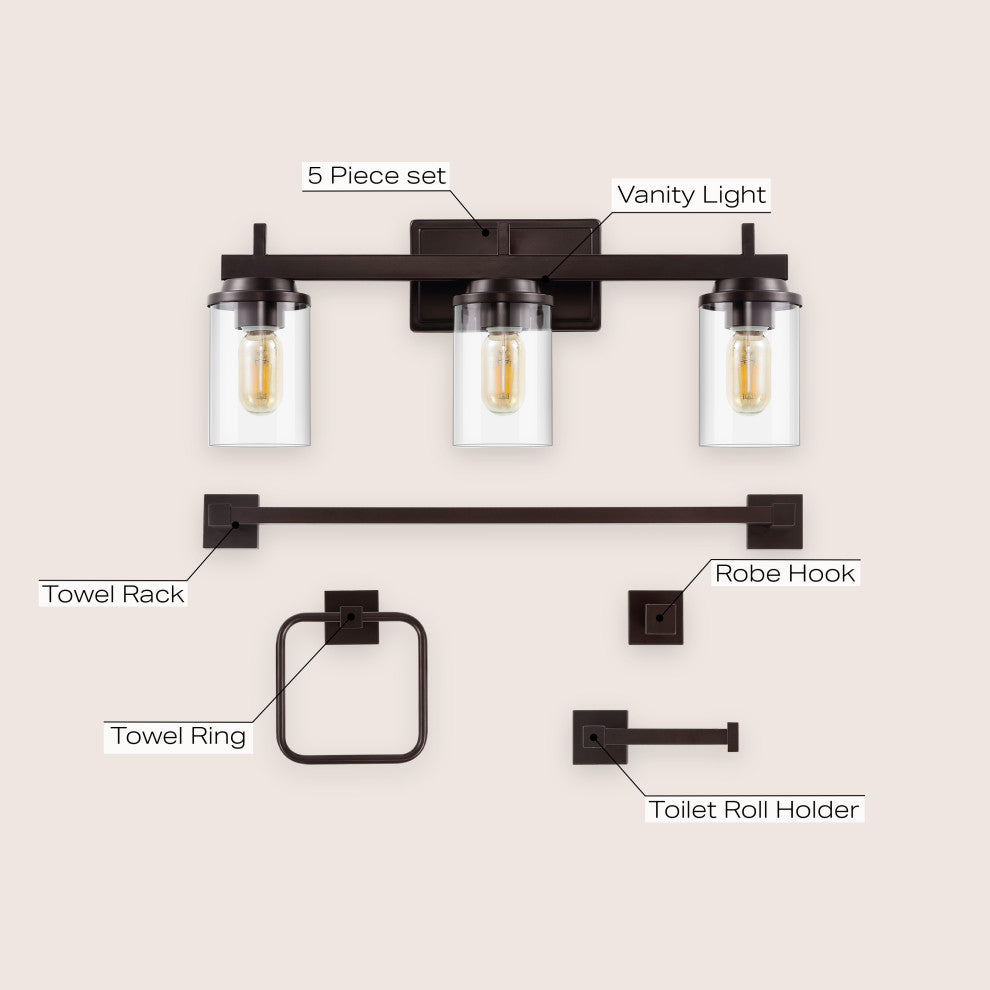 3-Light Industrial Vanity Light With Bathroom Hardware Accessory Set, 5-Piece