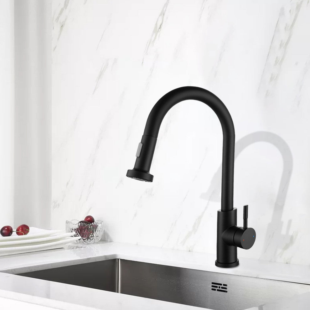 1-Handle Deck Mounted Pull Out Stainless Steel Kitchen Faucet, Matt Black