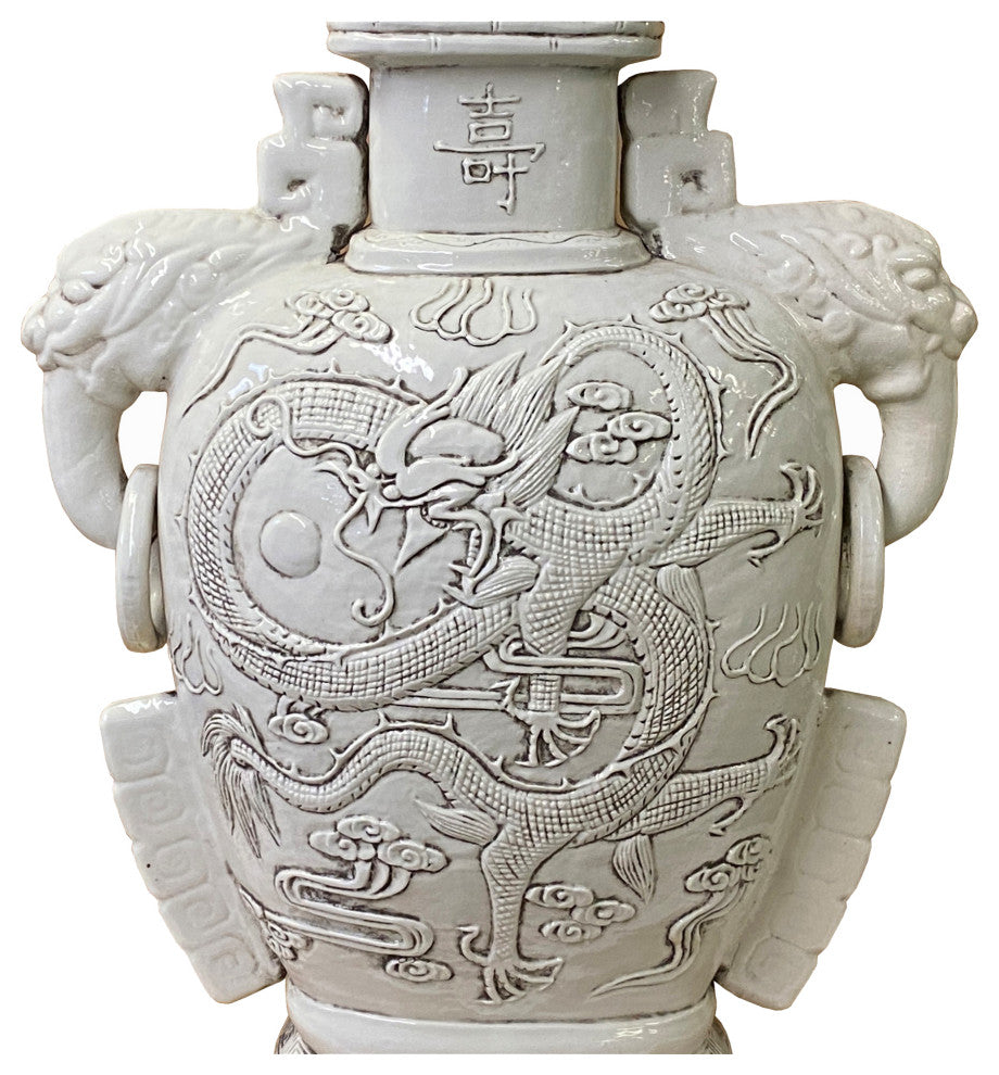 Chinese Ceramic Off White Color Dragon Elephant Ear Large Jar Hws1371