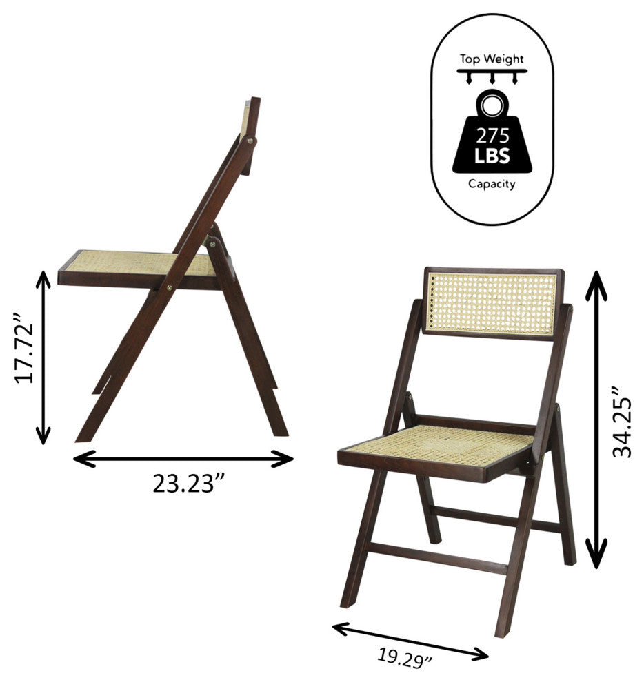 Vintage Wood Rattan Folding Chair With Adjustable Back, Dark Brown, Set of 2