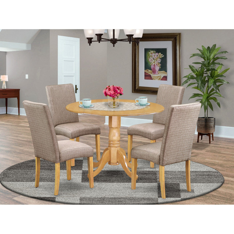 5Pc Round 42" Kitchen Table, Two 9-Inch Drop Leaves, Four Chair, Dark Khaki