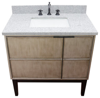 37" Single Vanity, Linen Brown Finish With Gray Granite Top And Rectangle Sink