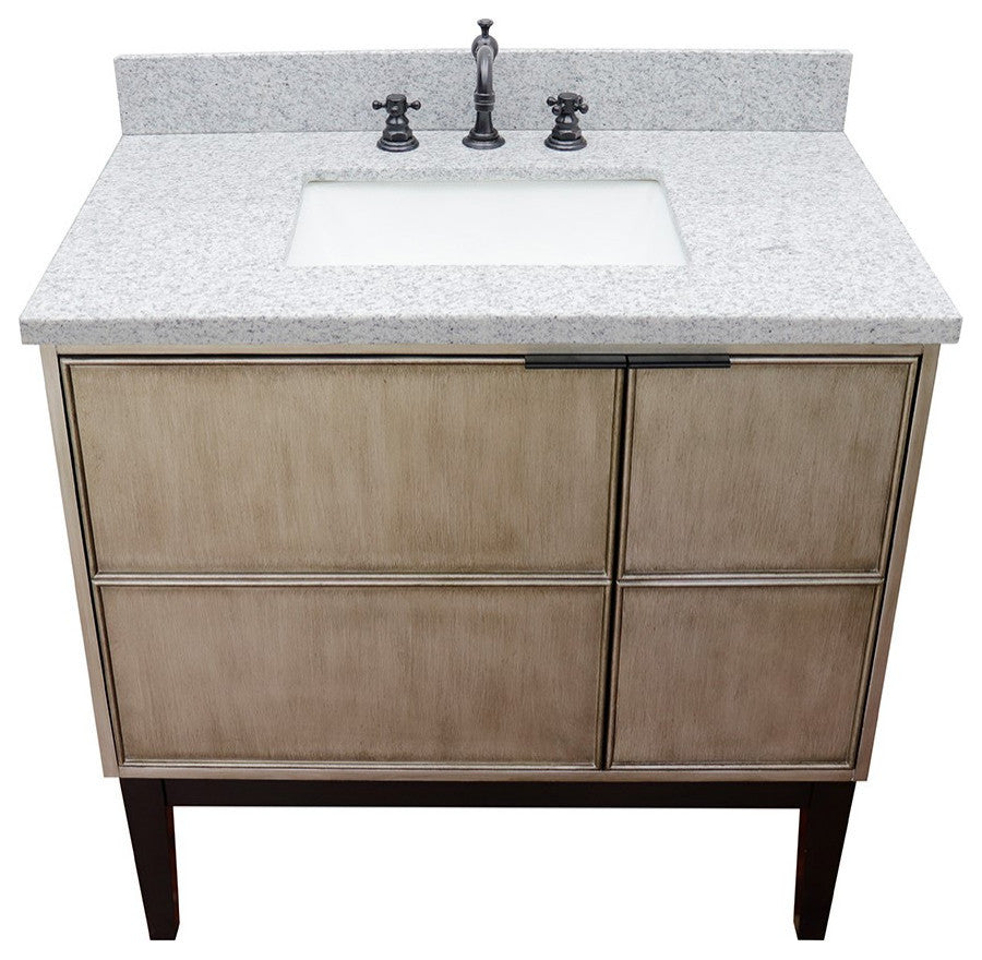37" Single Vanity, Linen Brown Finish With Gray Granite Top And Rectangle Sink