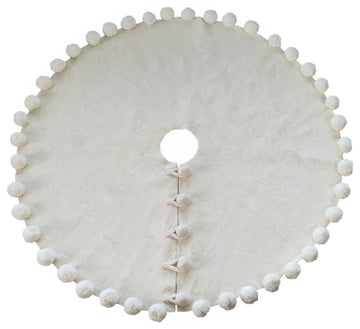 84" Handmade Felt Christmas Tree Skirt - Cream Pom Poms on Cream