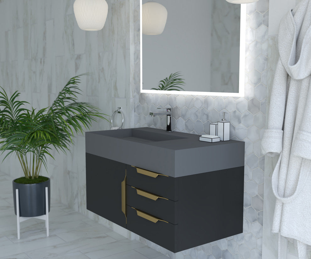 CastelloUSA Amazon 36" Wall Mount Vanity Set, Black, Gray Top, Gold Handles