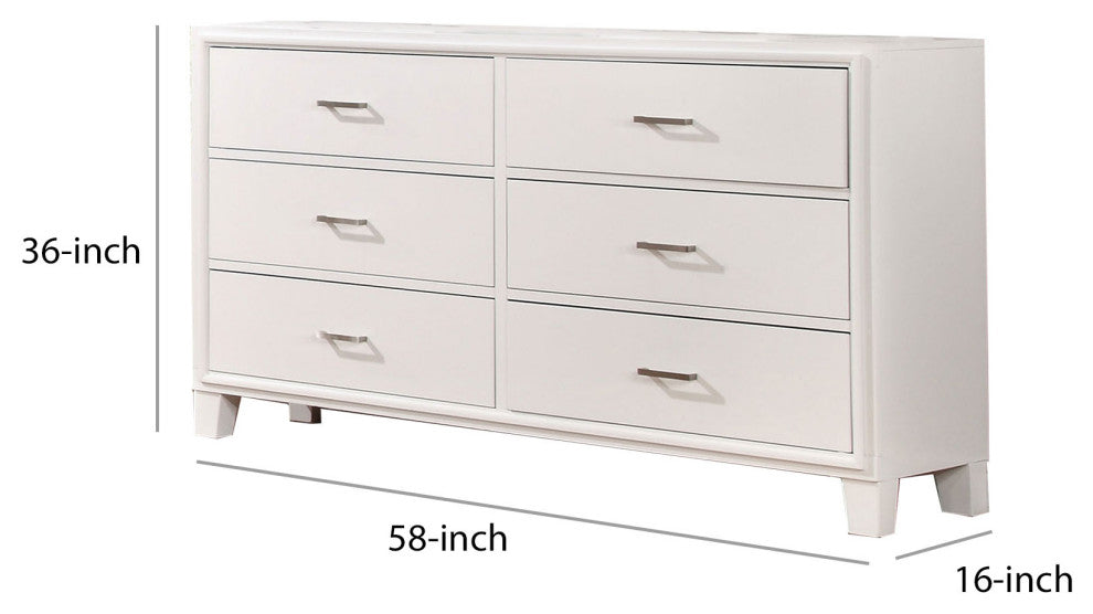Modern Style Wooden Dresser with 6 Drawers and Tapered Legs, White