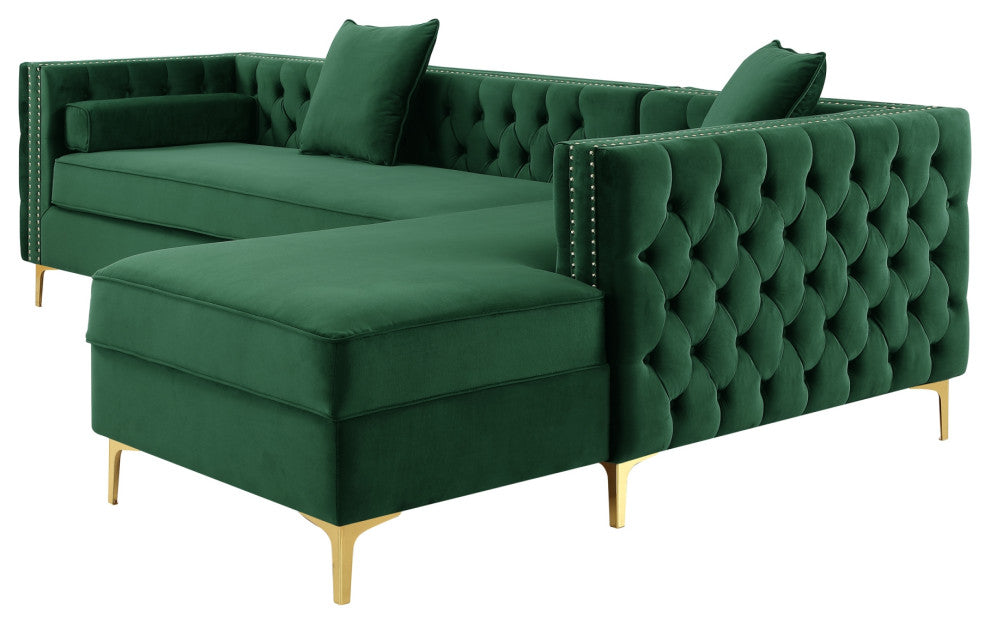 Jeannie Velvet Tufted With Nailhead Trim Sectional, Hunter Green, Right Facing