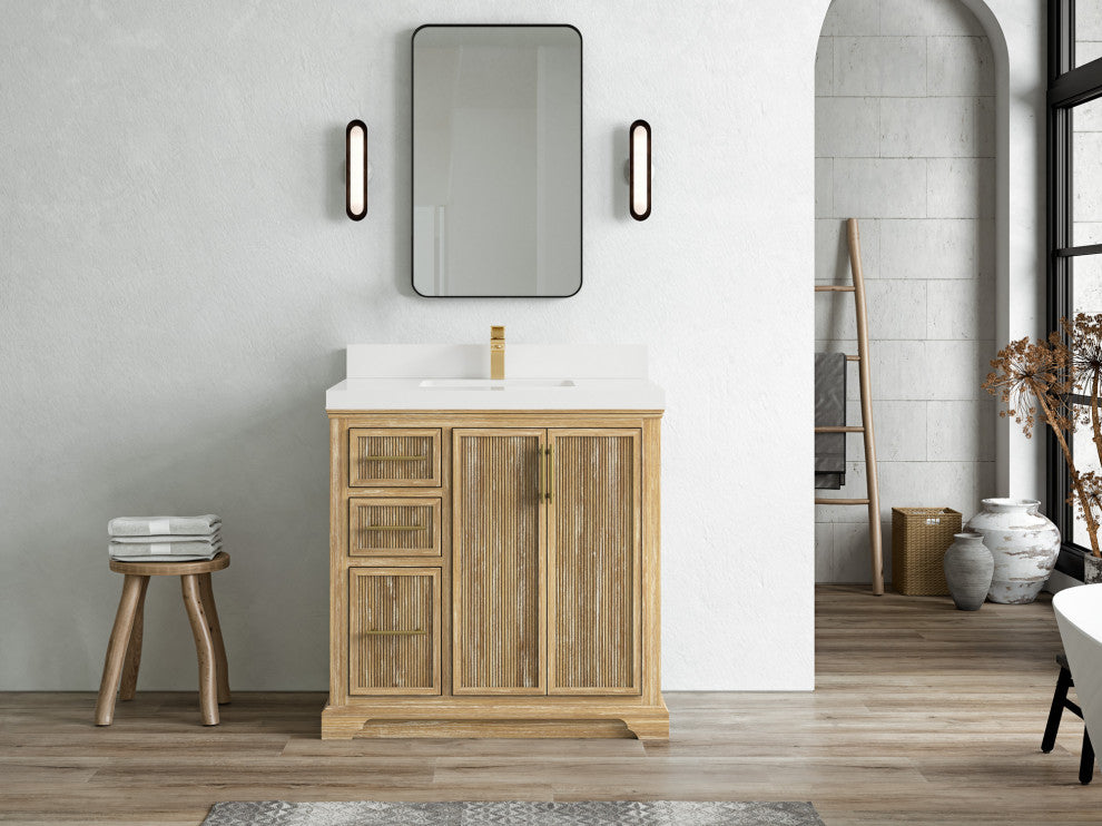 Alys Teak 36 Bathroom Vanity Center Sink Whitewashed 2" White Quartz