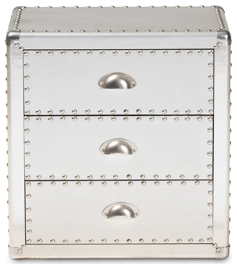 French Industrial Silver Metal 3-Drawer Nightstand
