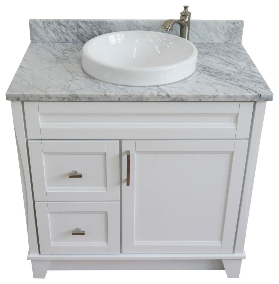 37" Single Sink Vanity, White Finish With White Carrara Marble