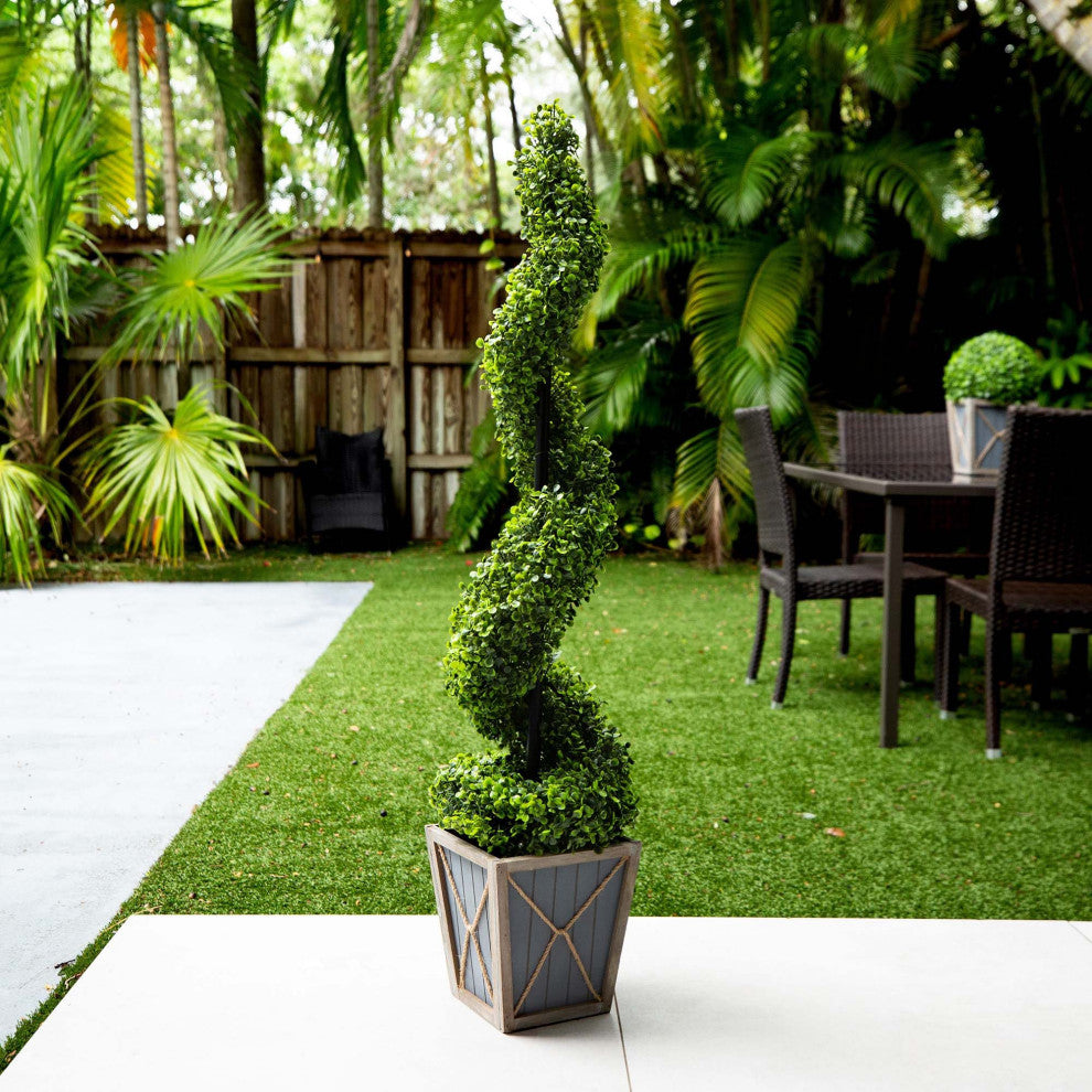 45in. UV Resistant Prelit Artificial Boxwood Spiral Topiary Tree, Planter