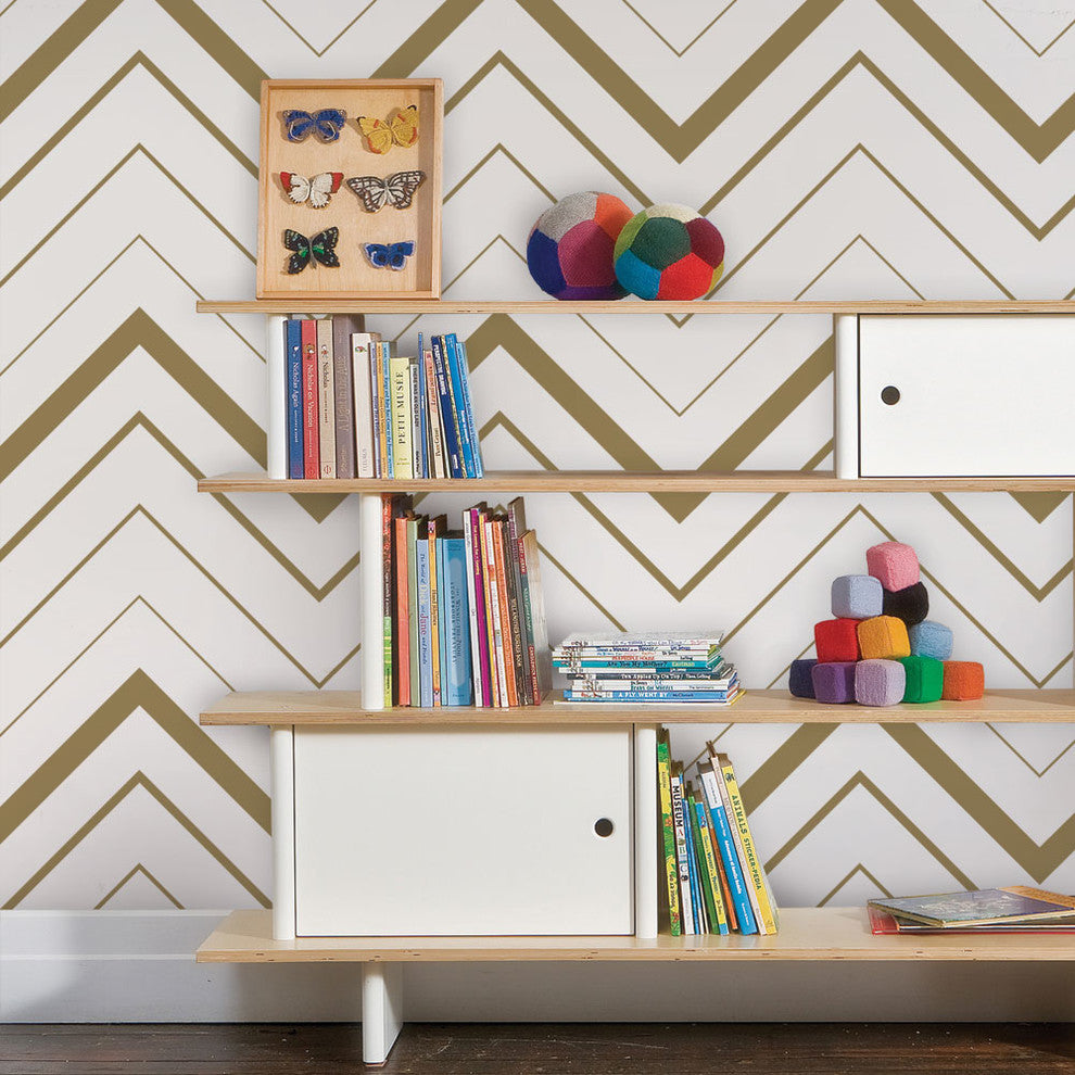 Chevron Bold Peel and Stick Vinyl Wallpaper, Gold, 24"w X 108"h