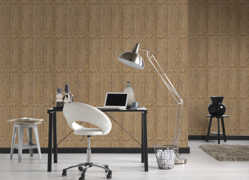 Nature Textured Wallpaper Featuring Wooden Joints Pattern, Brown, Sample