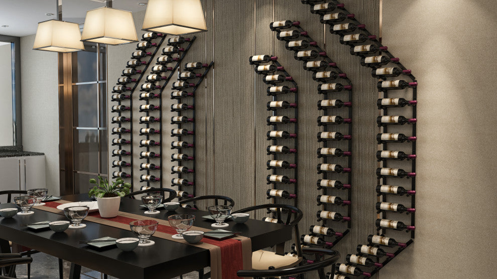 Vino Pins Flex 45 (wall mounted metal wine rack), Matte Black/Aluminum, 27 Bottles