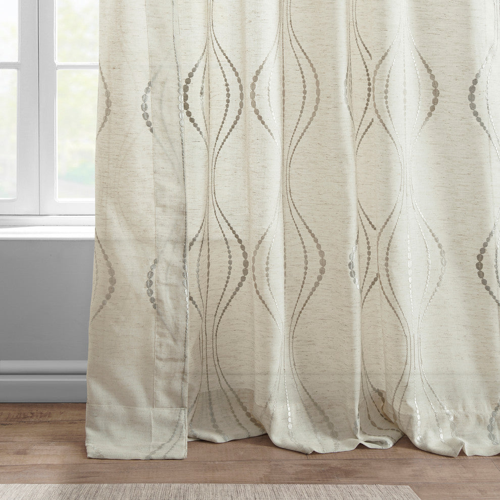 Suez Natural Embroidered FauxLinen Sheer Curtain Single Panel, 50"x96"