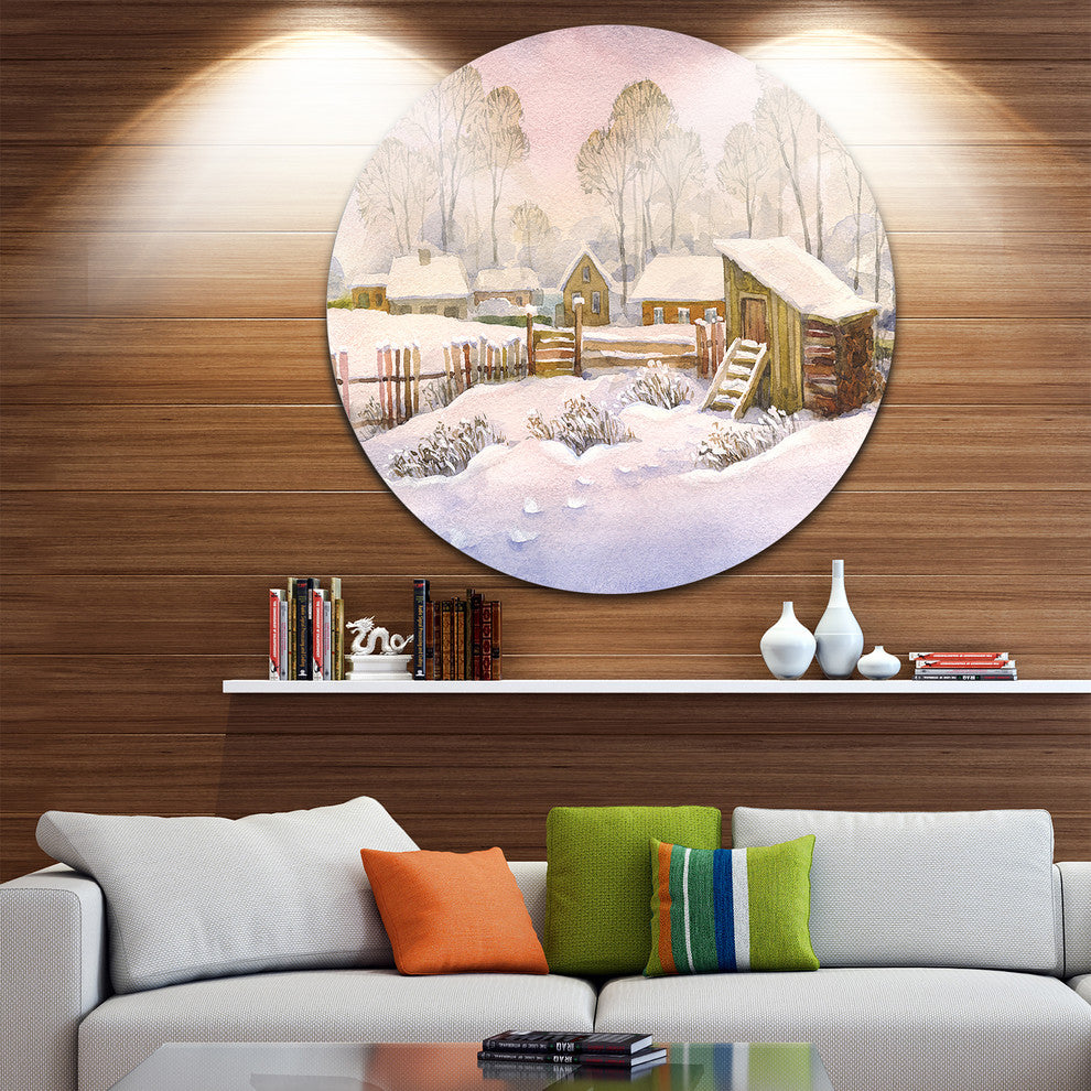 Old Winter Village, Landscape Watercolor Round Metal Wall Art, 11"