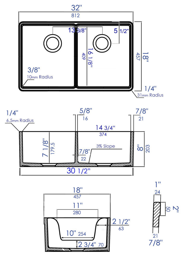 Biscuit 32" Short Wall Double Bowl Fireclay Farmhouse Kitchen Sink, White