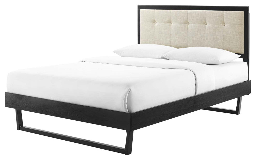 Platform Bed Frame, Queen Size, Fabric, Wood, Black Beige, Modern Mid-Century