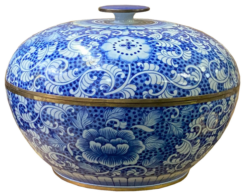 Vintage Blue White Porcelain Floral Pattern Accent Round Box Display Hws1998
