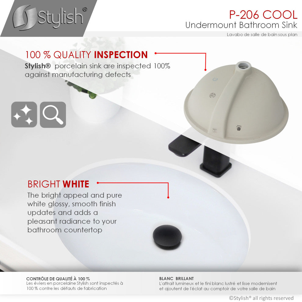 STYLISH 19" Oval Undermount Ceramic Bathroom Sink With 2 Overflow Finishes