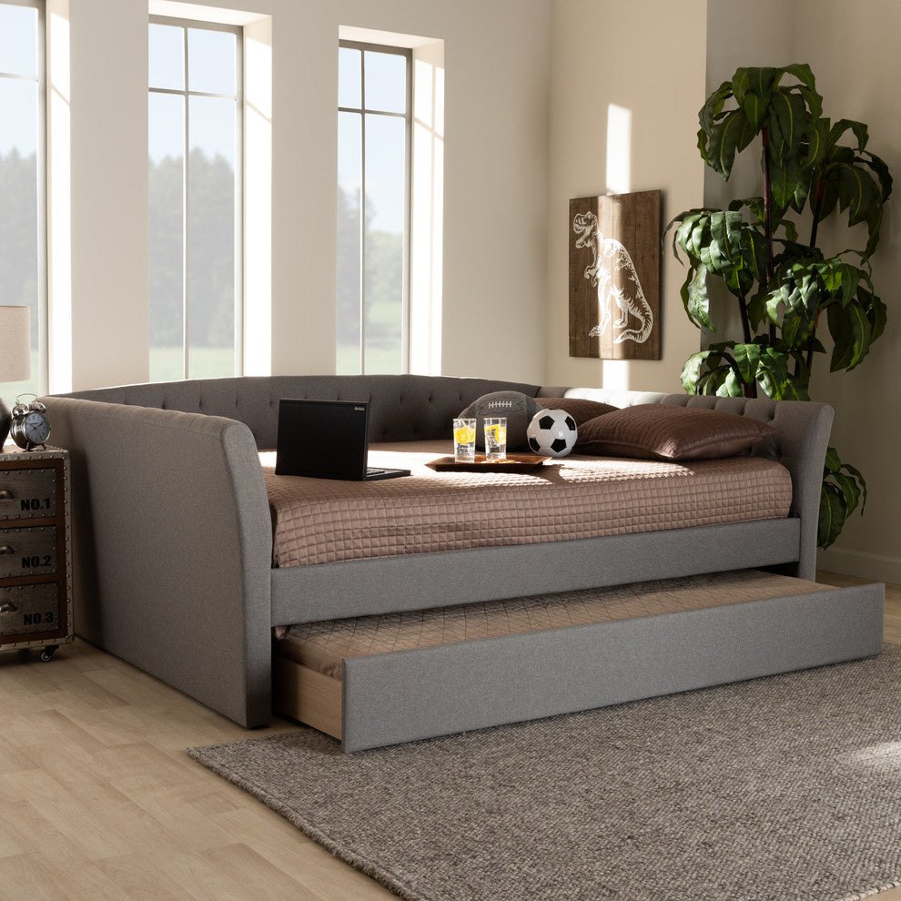 Qintal Fabric Upholstered Queen Size Daybed With Roll-Out Bed, Light Gray