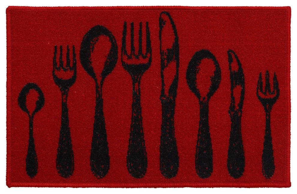 Wool-Effect Kitchen Mat With Chic Cutlery Print, Red, 32x20