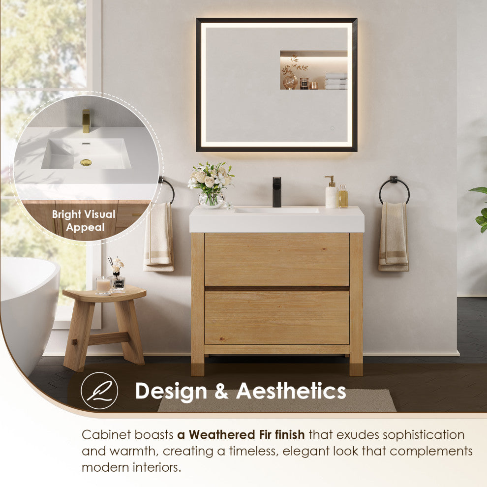 Cascadia Bathroom Vanity, Weathered Fir, 36", With Mirror