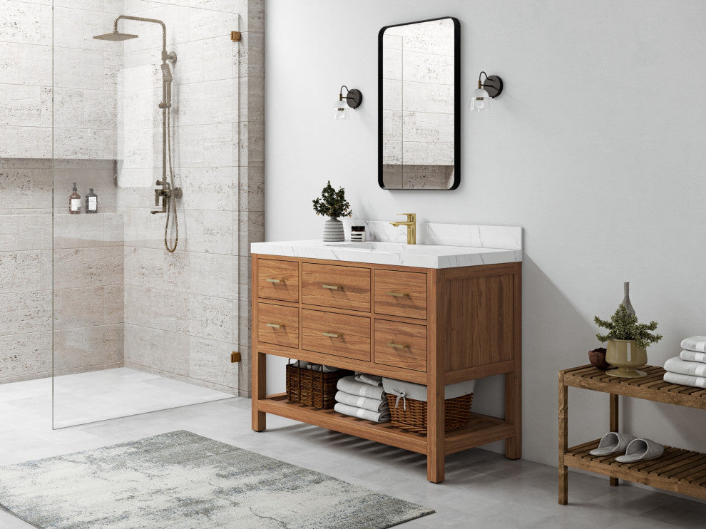 Parker Teak 48" Single Sink Bath Vanity in Golden Teak  2" Piatra Gray