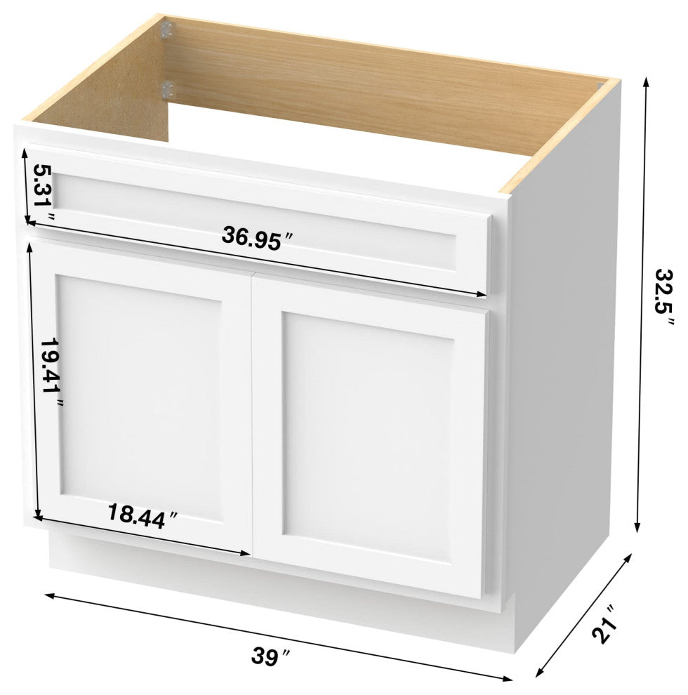 Vanity Art Vanity Base Cabinet, No Top, 39", White
