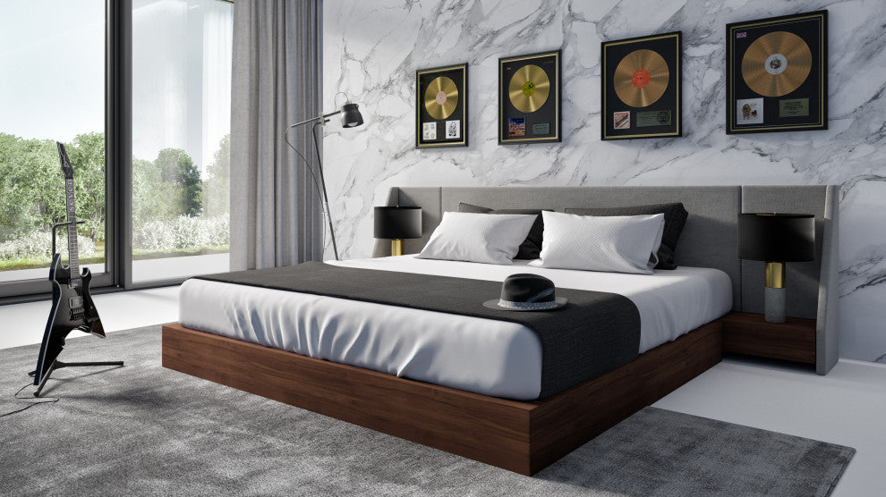 Modrest Janice Modern Gray and Walnut Bed and Nightstands, Queen