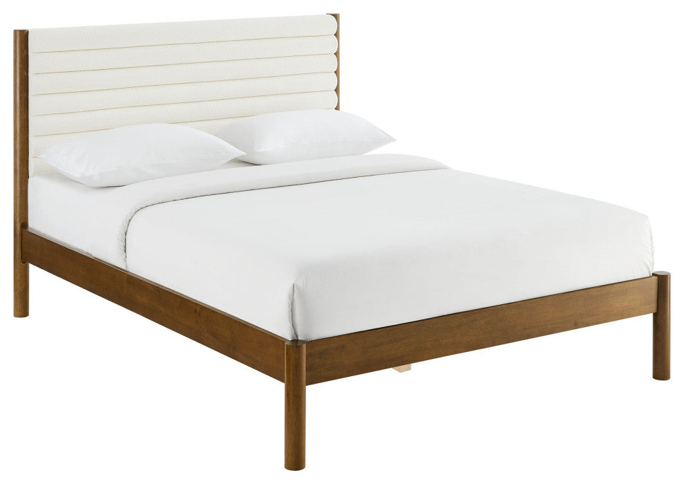Olea Channel Tufted Boucle Solid Wood King Platform Bed, Feather Walnut