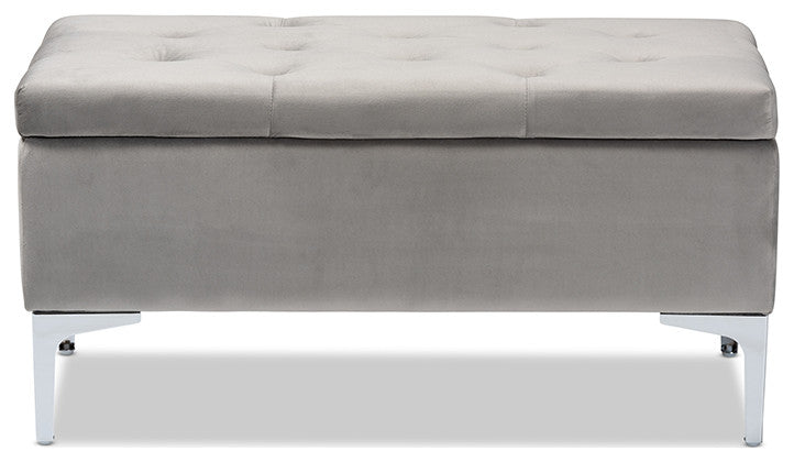 Mabel Transitional Gray Velvet Upholstered Silver Finished Storage Ottoman