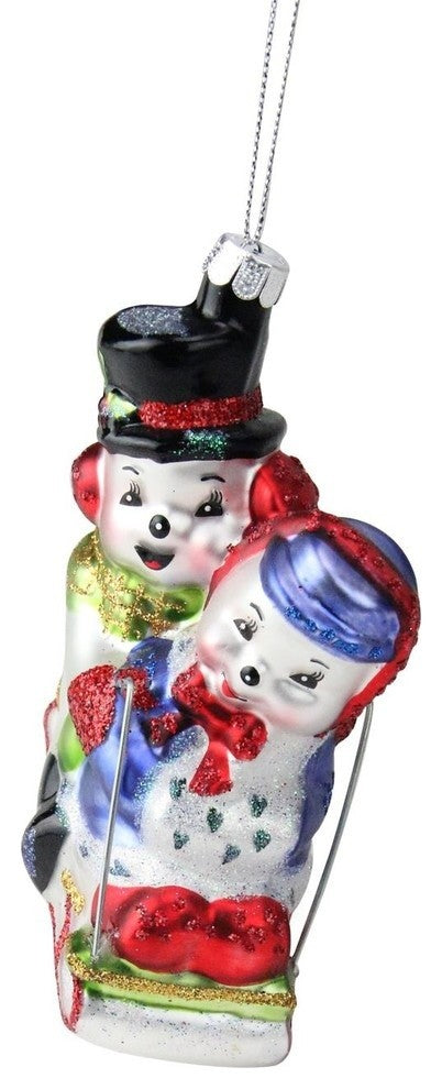4.5" Festive Cheerful Sledding Snowmen Couple Glass Christmas Ornament