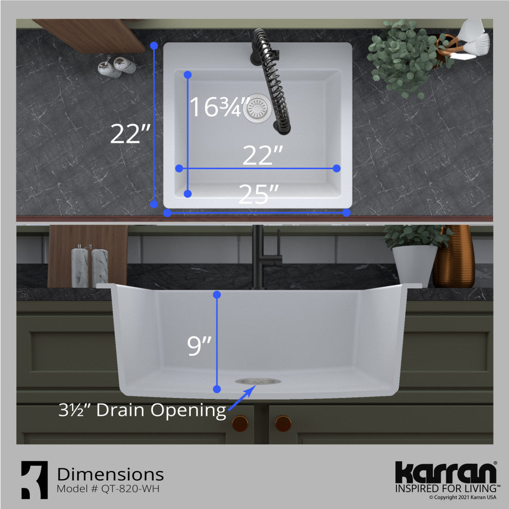 Karran QT-820 Top Mount 25" Single Bowl Quartz Kitchen Sink Kit, White