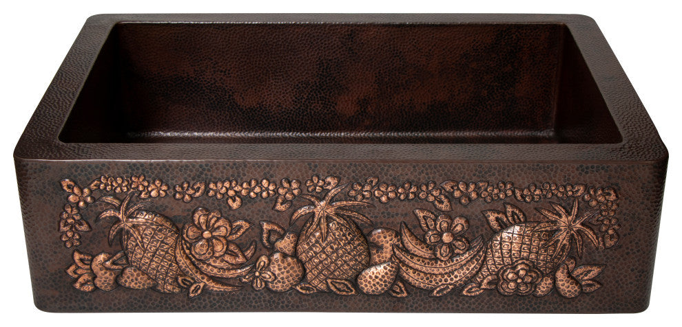 33" Farmhouse One Bowl Fruits Apron Hammered Copper Kitchen Sink, 16 Gauge