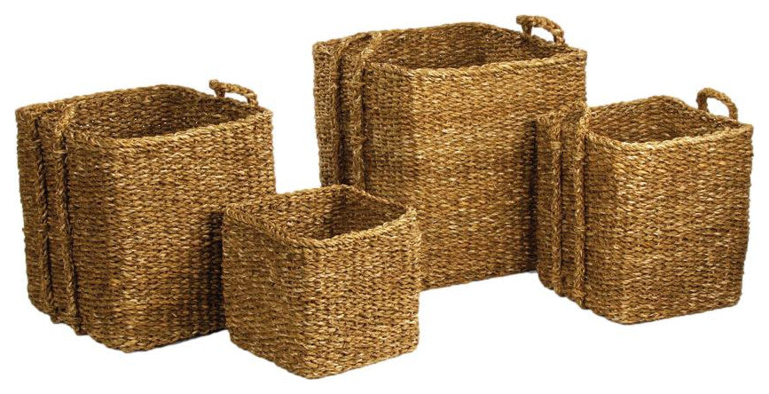Set of 4 Square Woven Sea Grass Storage Baskets Large Natural Handles 21 17 15in
