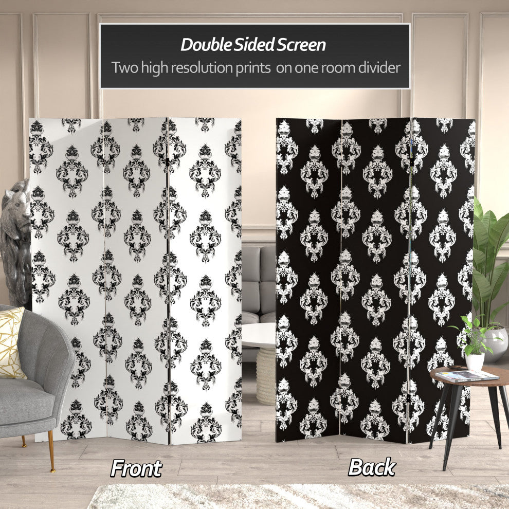 6' Tall Double Sided Black and White Damask Canvas Room Divider