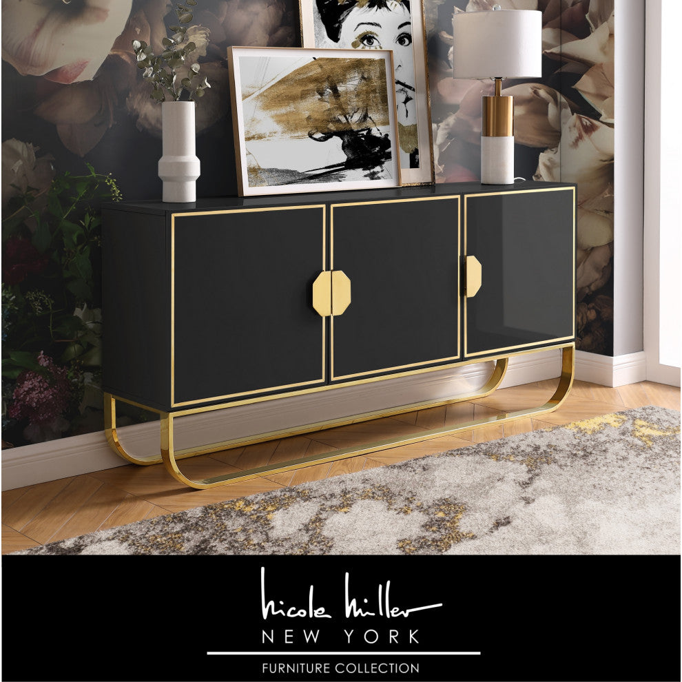 Nicole Miller Jacelynn Sideboard, Black/Gold, 3-Door