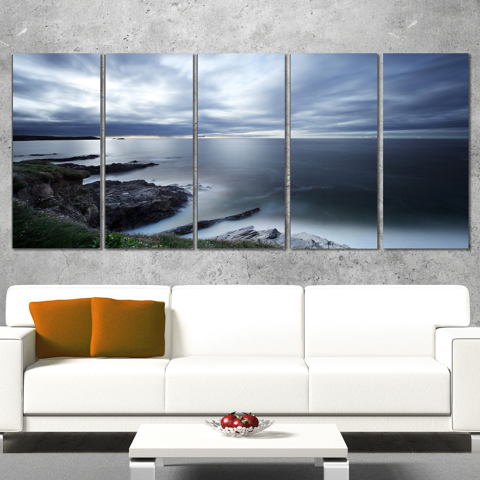 "Gloomy Bluish Atlantic Beach Portugal" Seashore Wall Art, 5 Panels, 60"x28"
