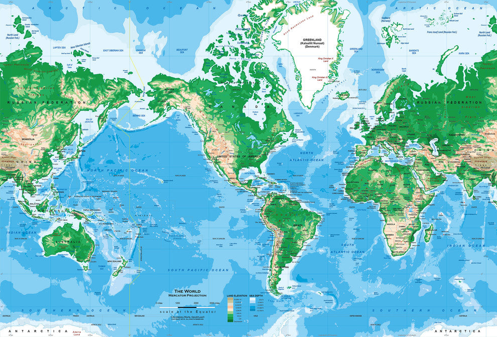 Mercator World Map Wall Mural, Peel and Stick, 3-Panel, 125"x84"