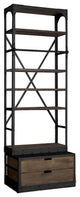 94" Black Distressed Iron and Solid Wood Five Tier Bookcase with Two Drawers